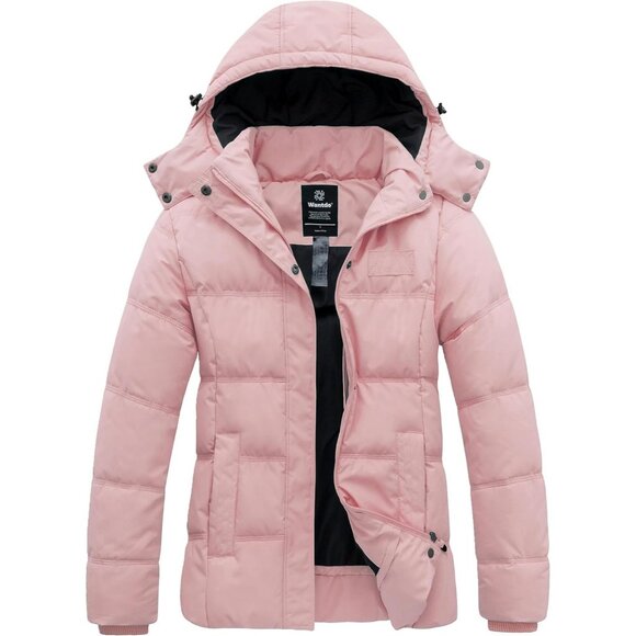 Women's Coral Pink Quilted Puffer Hooded Jacket Coat Thicken Warm Winter